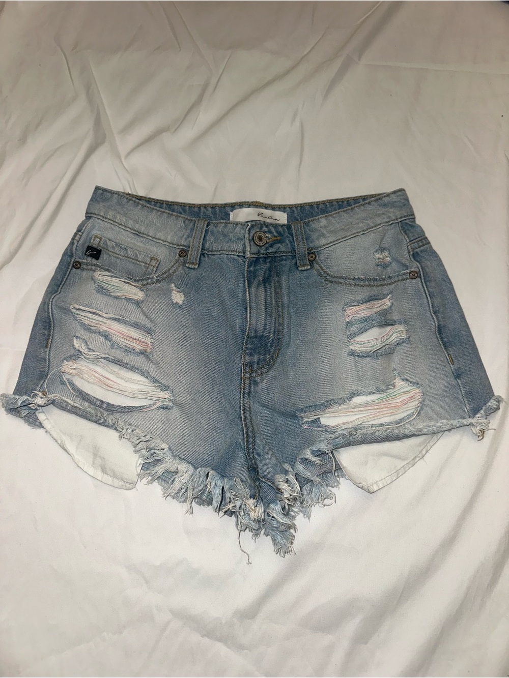 KanCan Light Blue Distressed Denim Shorts with Pastel Underlay
